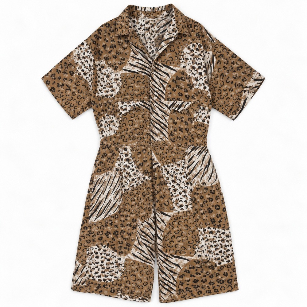Vtg Mixed Animal Print Romper Safari Jumpsuit Gloriana Maximalist Whimsical L